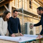 Pompe à chaleur installée sur une maison neuve en construction, artisan et couple consultant les plans