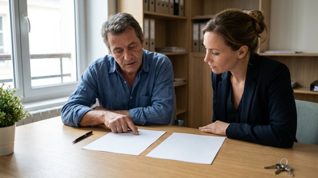 Un bailleur et une locataire examinent un contrat de location autour d une table, illustration du nouveau bail type et de la clause resolutoire au 1er octobre 2026