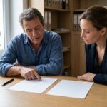 Un bailleur et une locataire examinent un contrat de location autour d une table, illustration du nouveau bail type et de la clause resolutoire au 1er octobre 2026