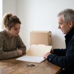 Une locataire et un bailleur examinent un dossier de bail autour d une table, complement de loyer et diagnostic