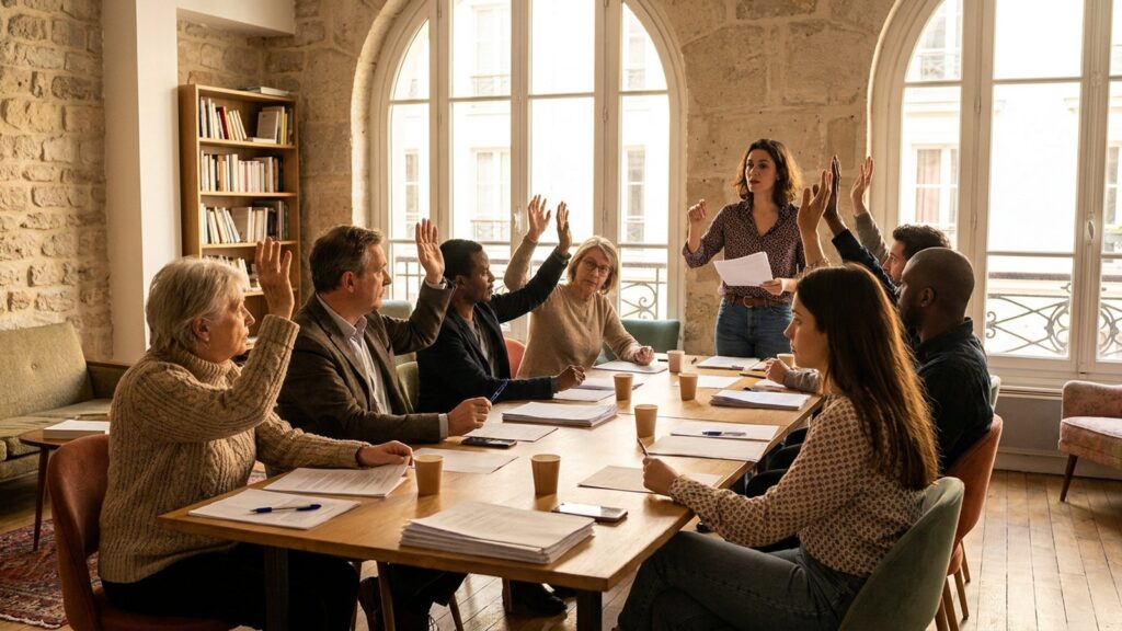 Copropriétaires votant à main levée lors d'une assemblée générale autour d'une table de réunion