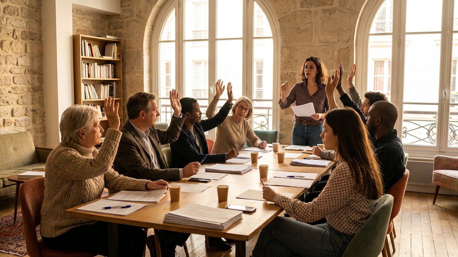 Copropriétaires votant à main levée lors d'une assemblée générale autour d'une table de réunion