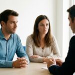 Un couple recu par un conseiller bancaire pour un dossier de credit immobilier