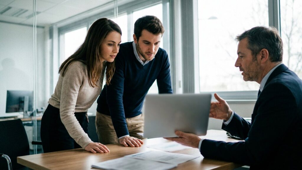 Couple discutant d un credit immobilier avec un conseiller bancaire