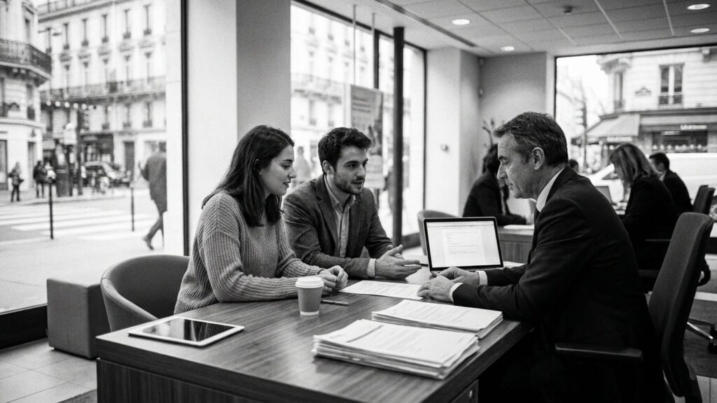 Couple en rendez-vous avec un conseiller bancaire pour un crédit immobilier