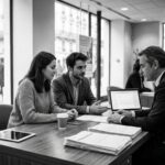 Couple en rendez-vous avec un conseiller bancaire pour un crédit immobilier