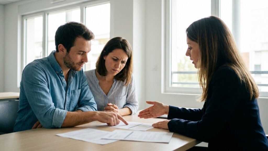 Couple examinant une offre de prêt immobilier et son TAEG face à une conseillère bancaire en septembre 2026