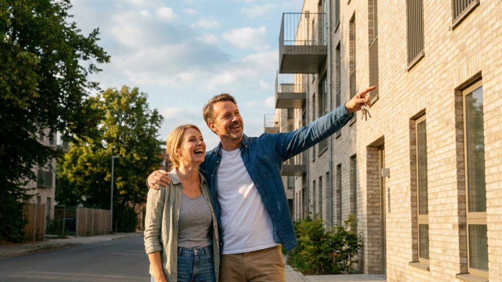 Couple souriant recevant les clés d'un immeuble neuf, illustrant l'investissement locatif sous le dispositif Jeanbrun