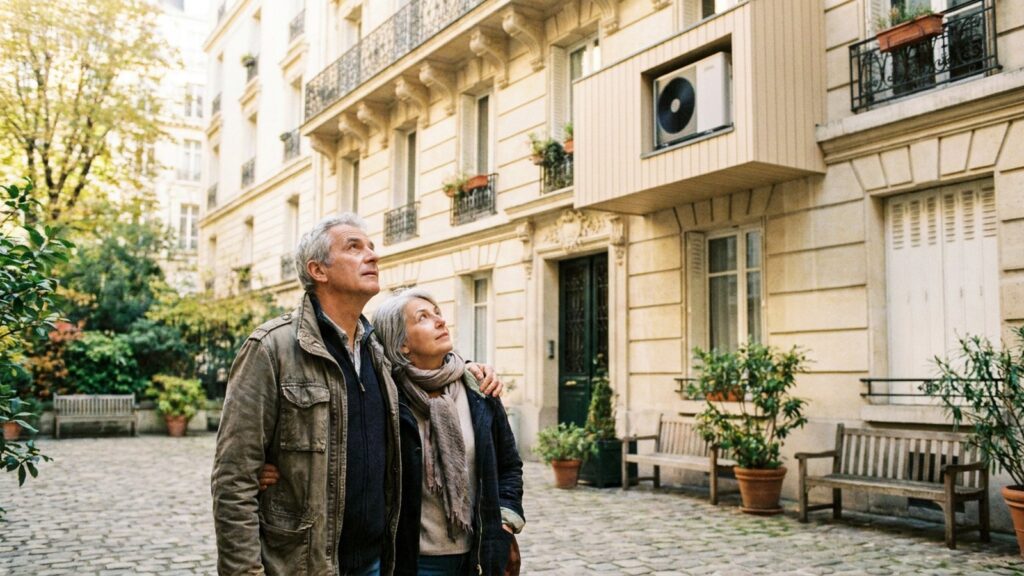 Couple de propriétaires observant la façade rénovée et la pompe à chaleur de leur immeuble en copropriété