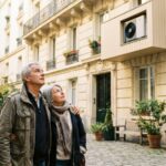 Couple de propriétaires observant la façade rénovée et la pompe à chaleur de leur immeuble en copropriété