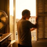 Habitant fermant les volets de son appartement pendant une vague de chaleur de l'été 2026, illustration du confort d'été des logements