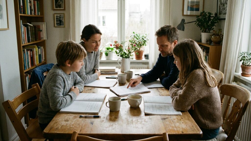 Famille réunie autour de la table pour examiner le budget logement du foyer