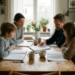 Famille réunie autour de la table pour examiner le budget logement du foyer