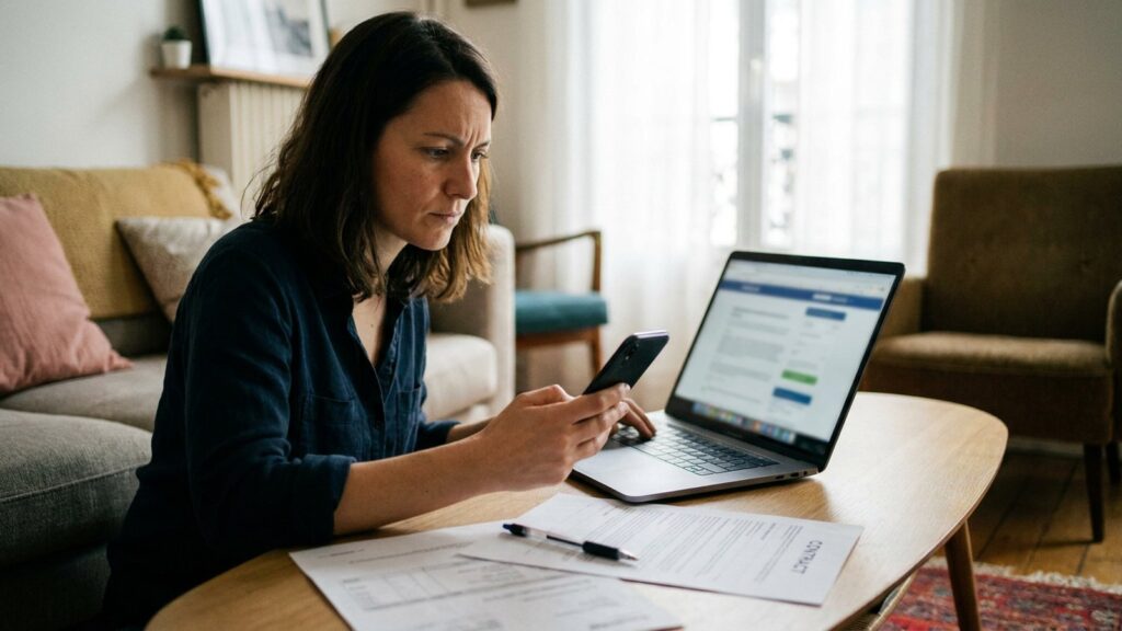 Femme vérifiant sur son ordinateur et son téléphone l'immatriculation d'un courtier en crédit immobilier