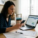 Femme vérifiant sur son ordinateur et son téléphone l'immatriculation d'un courtier en crédit immobilier