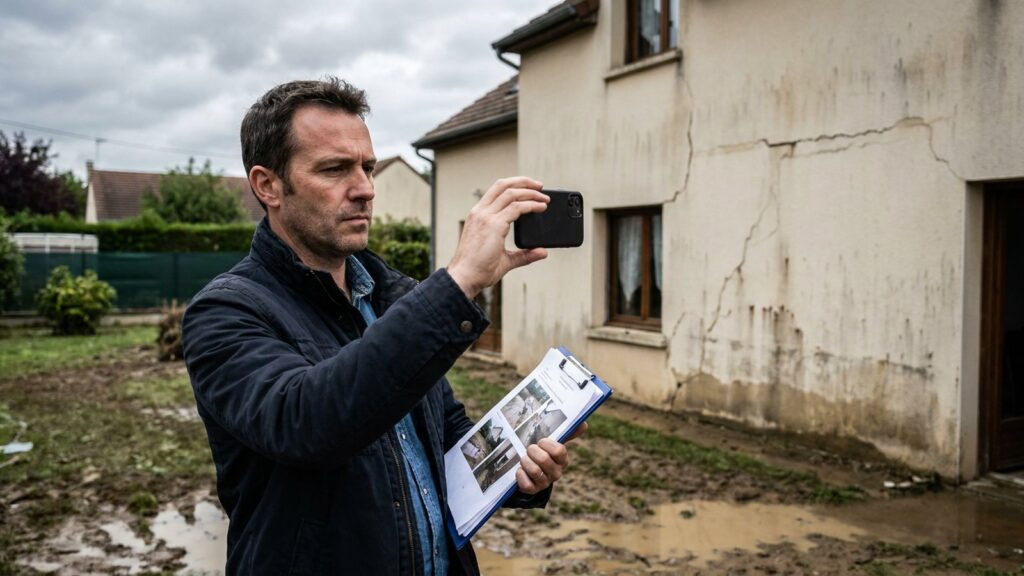Propriétaire photographiant des fissures et des dégâts d'inondation sur sa maison pour son dossier d'assurance catastrophe naturelle
