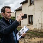 Propriétaire photographiant des fissures et des dégâts d'inondation sur sa maison pour son dossier d'assurance catastrophe naturelle