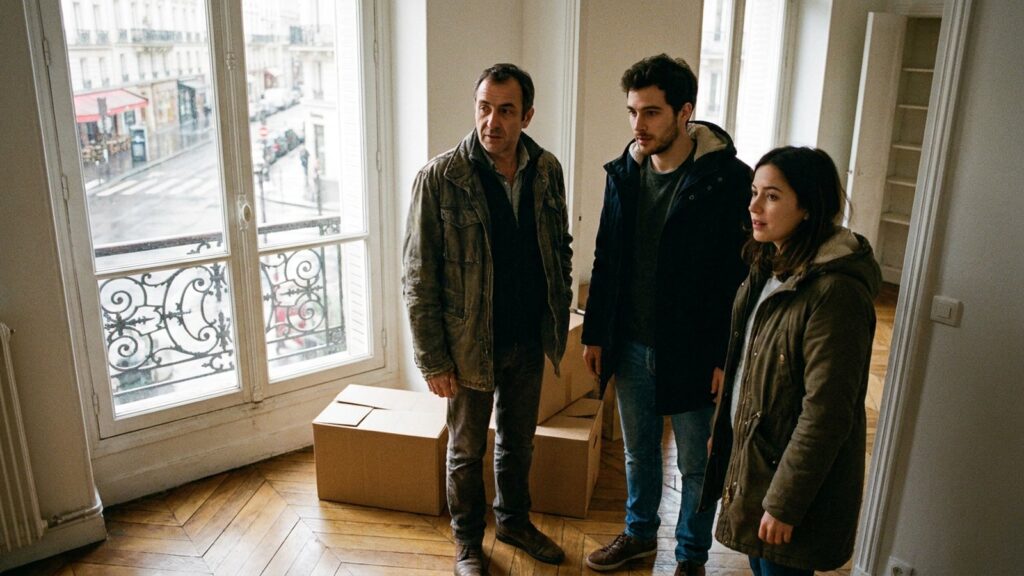 Trois personnes visitent un appartement parisien vide, encadrement des loyers et plafonds de loyer