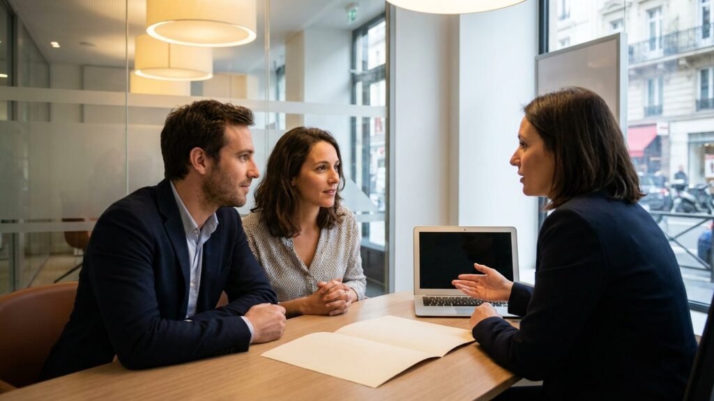 Un couple face a une conseillere bancaire lors d'un rendez-vous de credit immobilier, taux et fourchettes