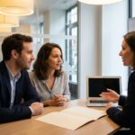 Un couple face a une conseillere bancaire lors d'un rendez-vous de credit immobilier, taux et fourchettes