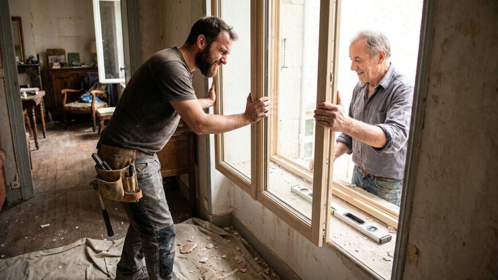 Un artisan et un proprietaire posent une fenetre en double vitrage, travaux finances par l'eco-PTZ