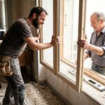 Un artisan et un proprietaire posent une fenetre en double vitrage, travaux finances par l'eco-PTZ