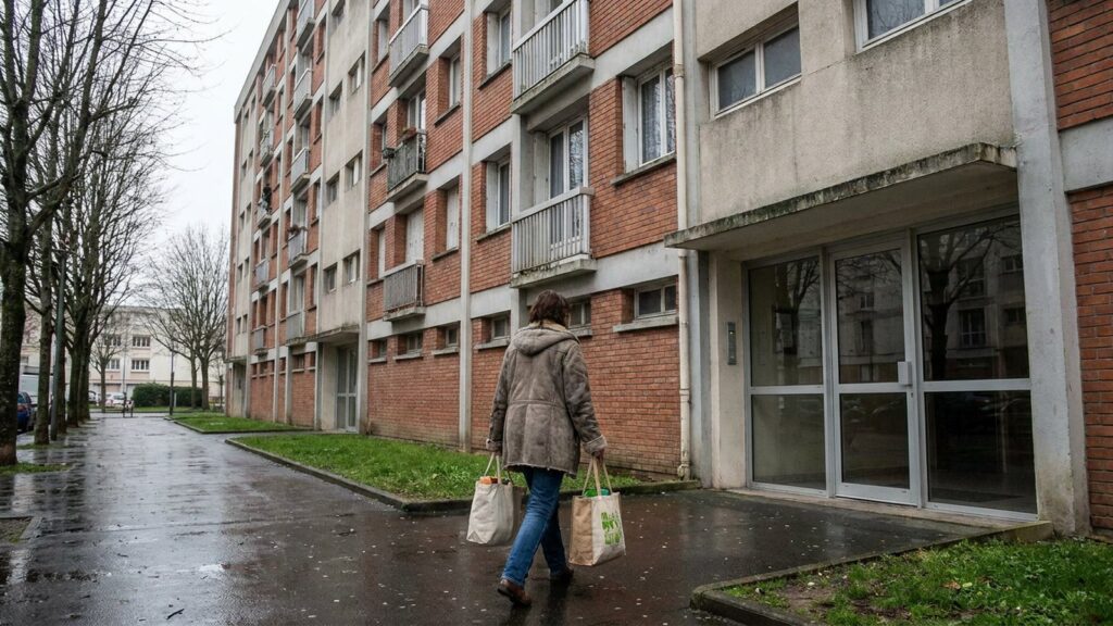 Locataire devant un immeuble de logement social HLM