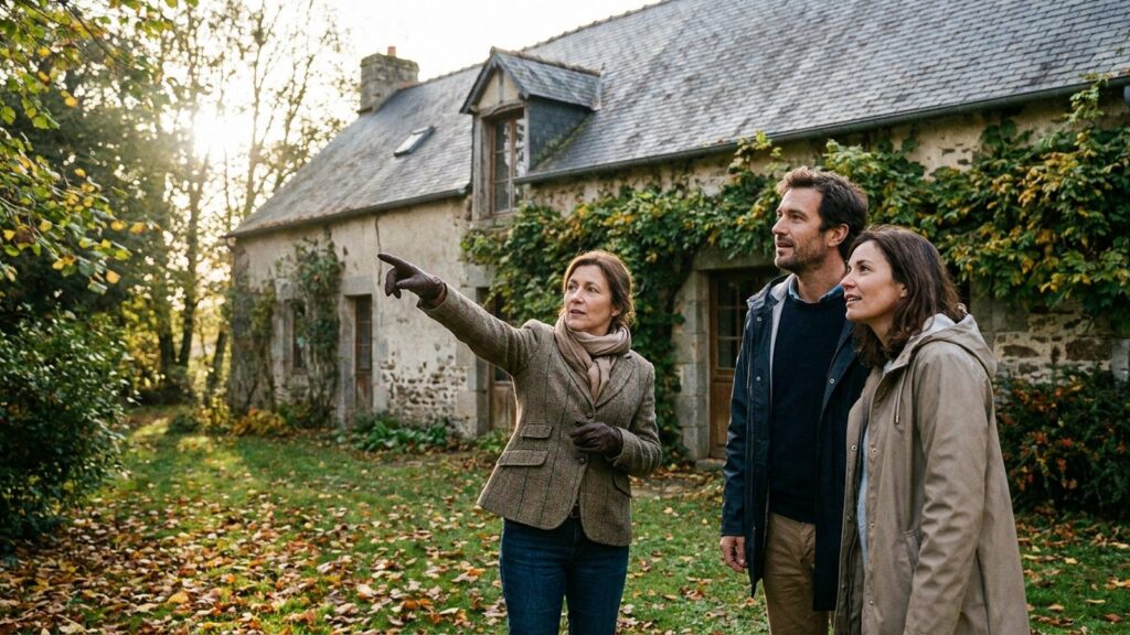 Agent immobilier presentant une maison ancienne a des acheteurs, marche immobilier 2026