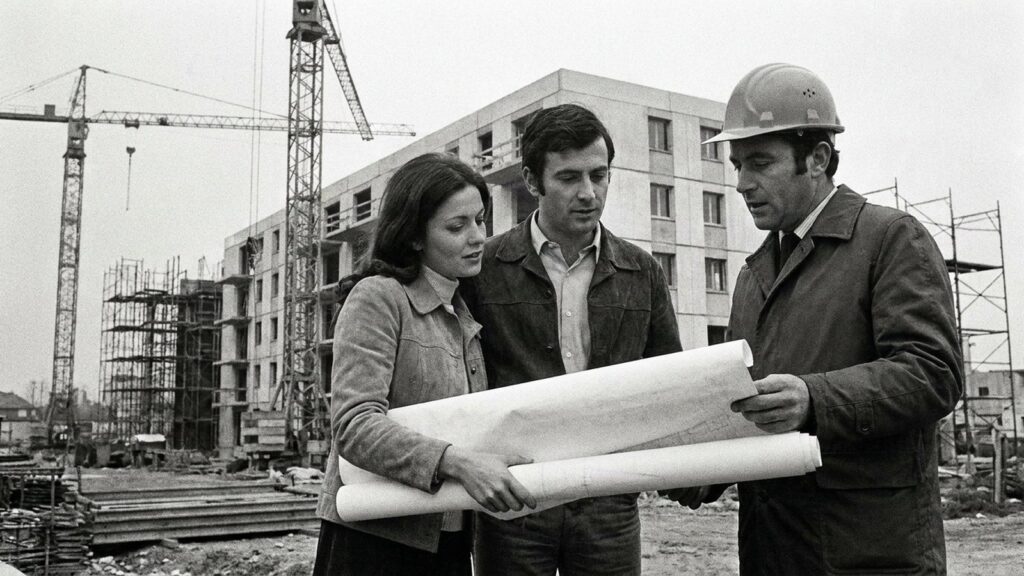 Investisseurs et promoteur examinant des plans sur un chantier de logements neufs en 2026