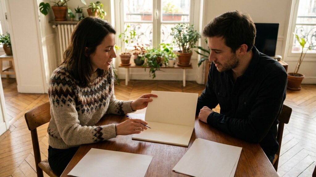 Un couple relit un contrat de bail dans un appartement, hausse des loyers et revision annuelle en 2026