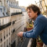 Propriétaire bailleur regardant les toits d'un immeuble parisien depuis son balcon, trousseau de clés à la main