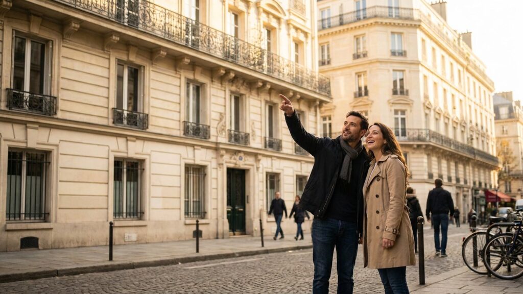 Couple visitant une rue parisienne haussmannienne pour un projet d'achat immobilier
