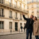 Couple visitant une rue parisienne haussmannienne pour un projet d'achat immobilier