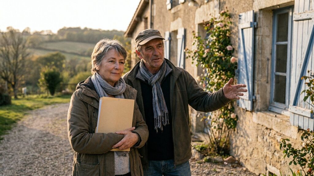Couple de propriétaires devant leur résidence secondaire en pierre, discutant de sa vente
