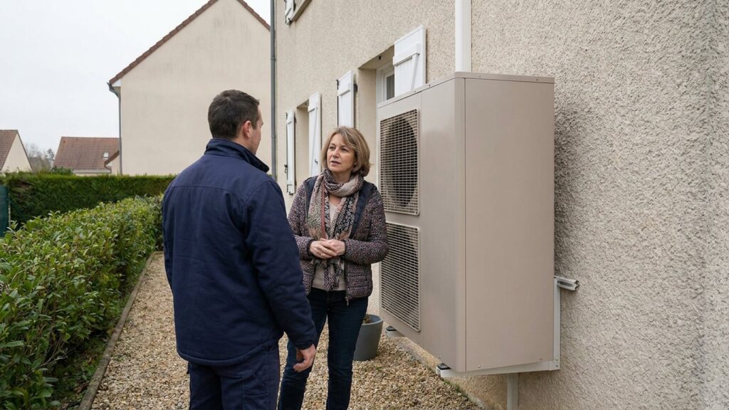 Un installateur explique le fonctionnement d une pompe a chaleur air eau a une proprietaire devant sa maison