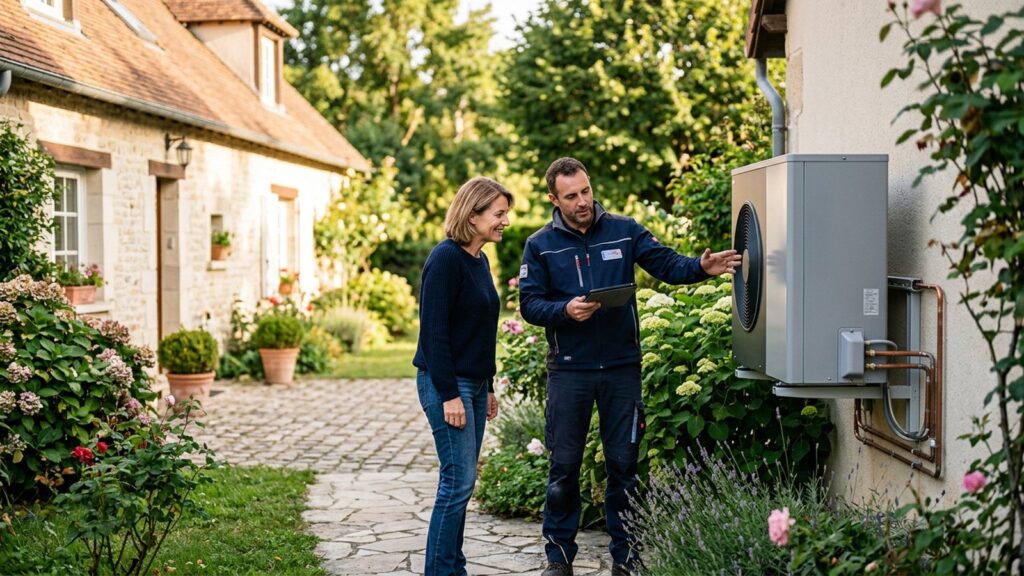 Un installateur RGE explique à une propriétaire le fonctionnement de la pompe à chaleur qu'il vient d'installer dans son jardin