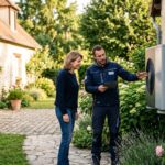 Un installateur RGE explique à une propriétaire le fonctionnement de la pompe à chaleur qu'il vient d'installer dans son jardin
