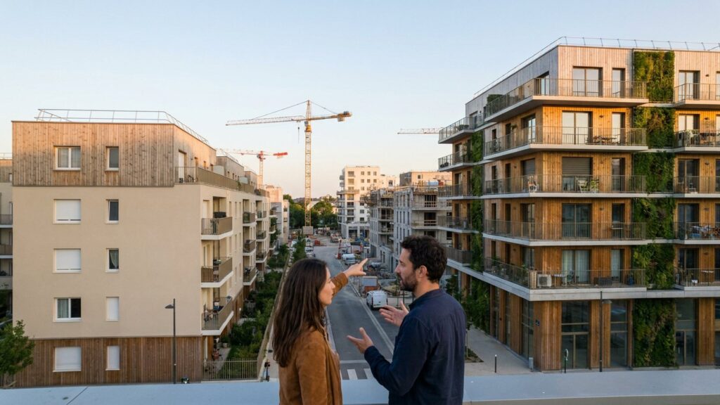 Couple d'acheteurs discutant devant des immeubles neufs, illustrant les écarts de prix de l'immobilier neuf par ville en 2026