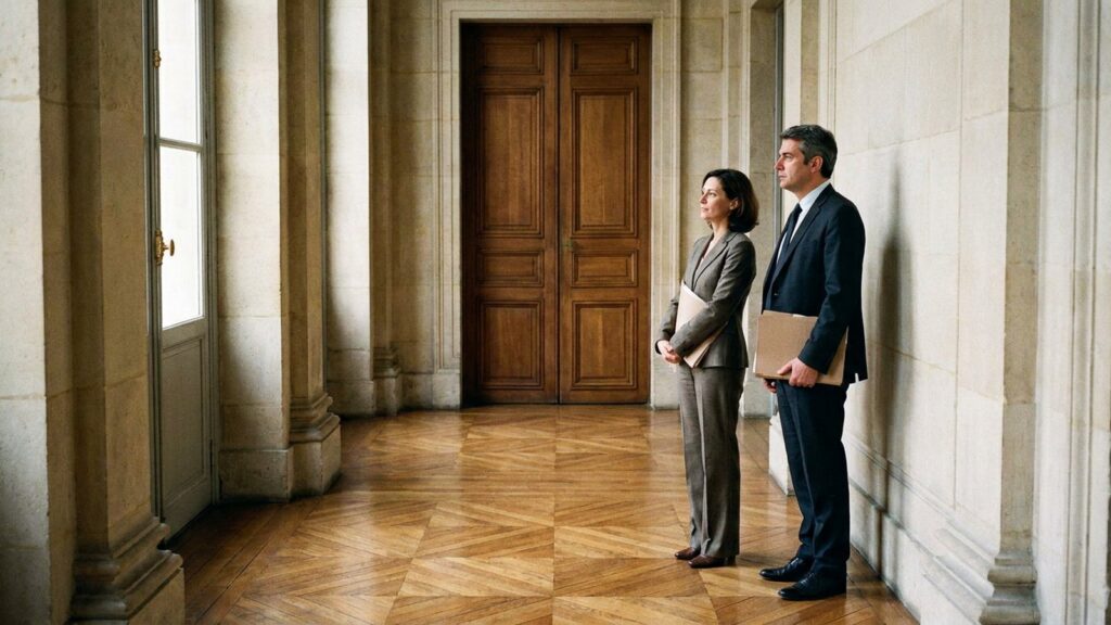 Attente devant une porte close dans un couloir parlementaire, image du projet de loi Logement sans date d'examen à l'Assemblée nationale