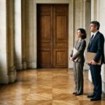 Attente devant une porte close dans un couloir parlementaire, image du projet de loi Logement sans date d'examen à l'Assemblée nationale