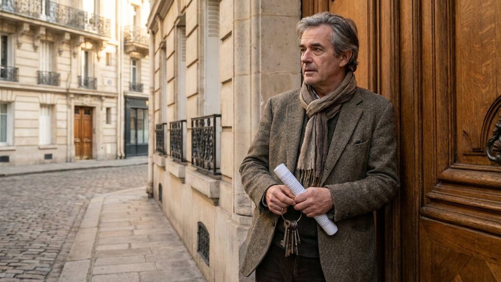 Propriétaire bailleur pensif devant l'entrée d'un immeuble parisien, trousseau de clés et bail à la main