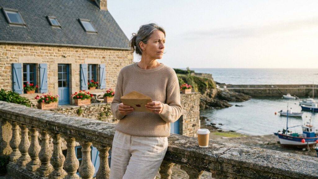 Propriétaire d'une résidence secondaire en Bretagne, debout sur une terrasse face à un petit port, une enveloppe à la main