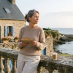 Propriétaire d'une résidence secondaire en Bretagne, debout sur une terrasse face à un petit port, une enveloppe à la main