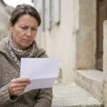 Une femme examine un prospectus publicitaire recu dans sa boite aux lettres pour des travaux de renovation energetique