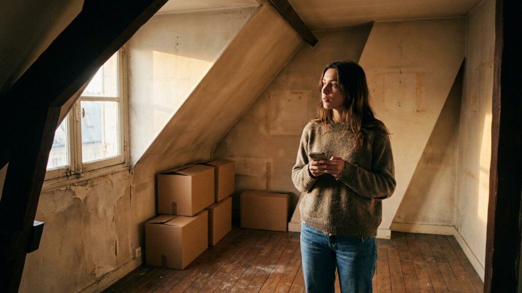 Une jeune locataire dans un studio parisien sous les toits à la rentrée 2026, marché tendu des petites surfaces