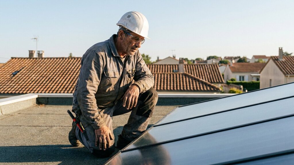 Un installateur vérifie des capteurs solaires thermiques d'un système solaire combiné éligible au Coup de pouce chauffage