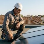 Un installateur vérifie des capteurs solaires thermiques d'un système solaire combiné éligible au Coup de pouce chauffage