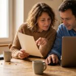 Un couple compare un document papier et des offres sur un ordinateur portable à la table de la cuisine, un matin d'automne