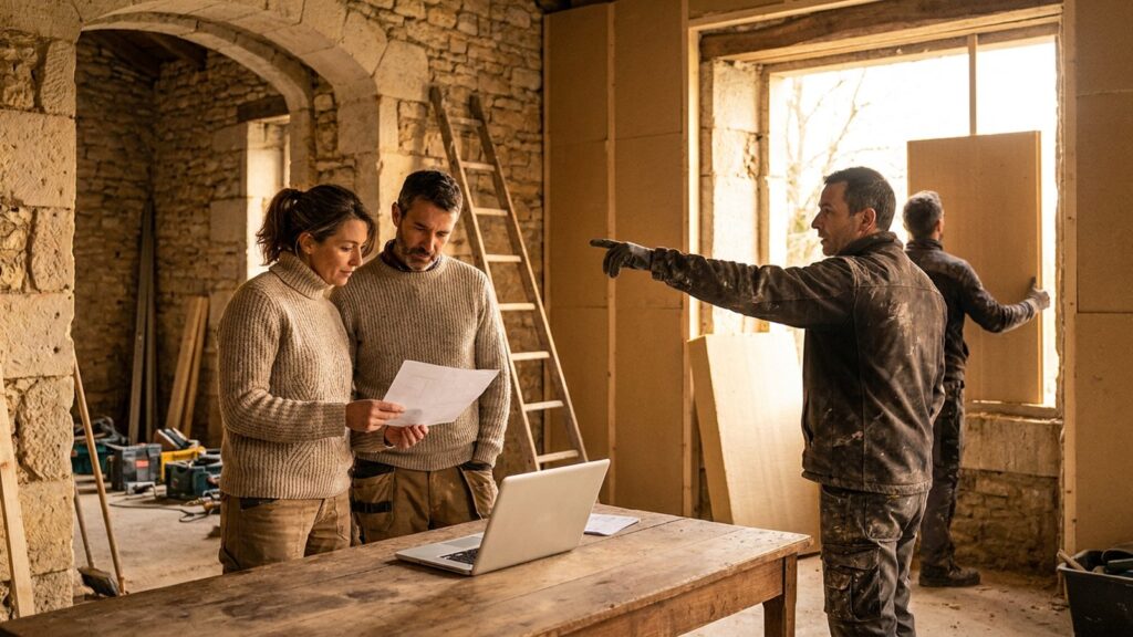 Couple de propriétaires lisant un rapport d'audit énergétique avec un artisan dans une maison en pierre en cours de rénovation et d'isolation