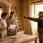 Couple de propriétaires lisant un rapport d'audit énergétique avec un artisan dans une maison en pierre en cours de rénovation et d'isolation